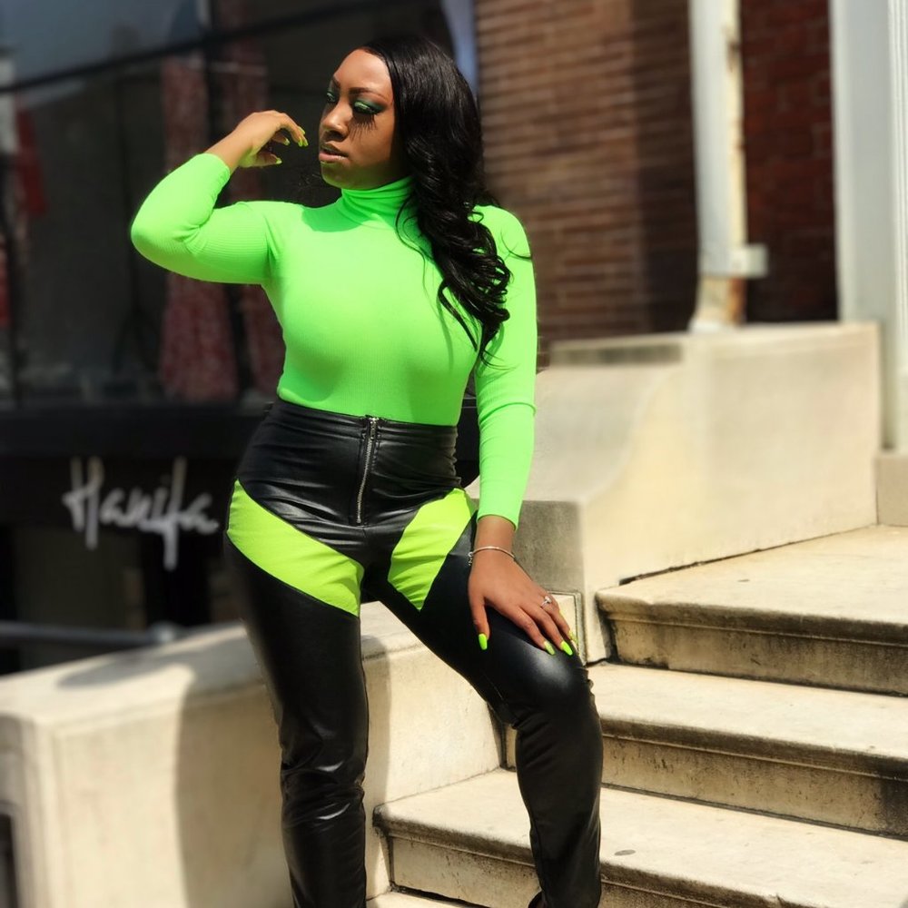 PRETTY LITTLE THING BLACK & NEON FAUX LEATHER PANT